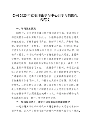 公司2023年理论学习中心组学习报告国有企业汇报总结20240105