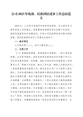 公司2023年统一战线、民族团结进步工作总结企业统战汇报报告20231213