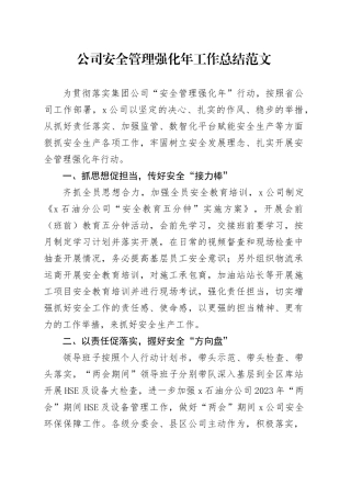 公司安全管理强化年工作总结企业汇报报告经验材料