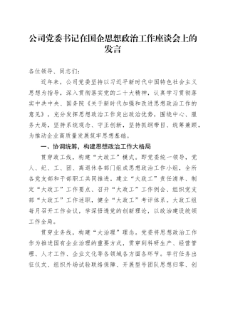 公司党委书记在国企思想政治工作座谈会上的发言