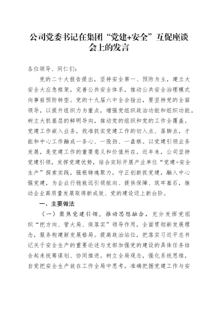 公司党委书记在集团“党建 安全”互促座谈会上的发言