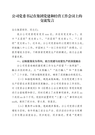 公司党委书记在集团党建和经营工作会议上的交流发言