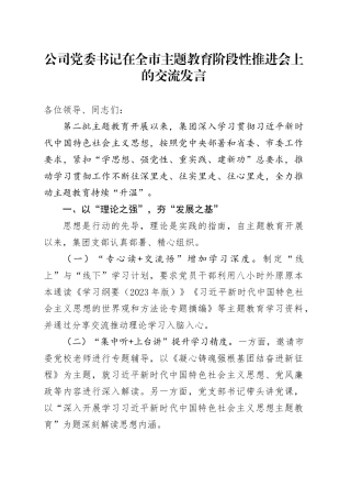 公司党委书记在全市主题教育阶段性推进会上的交流发言