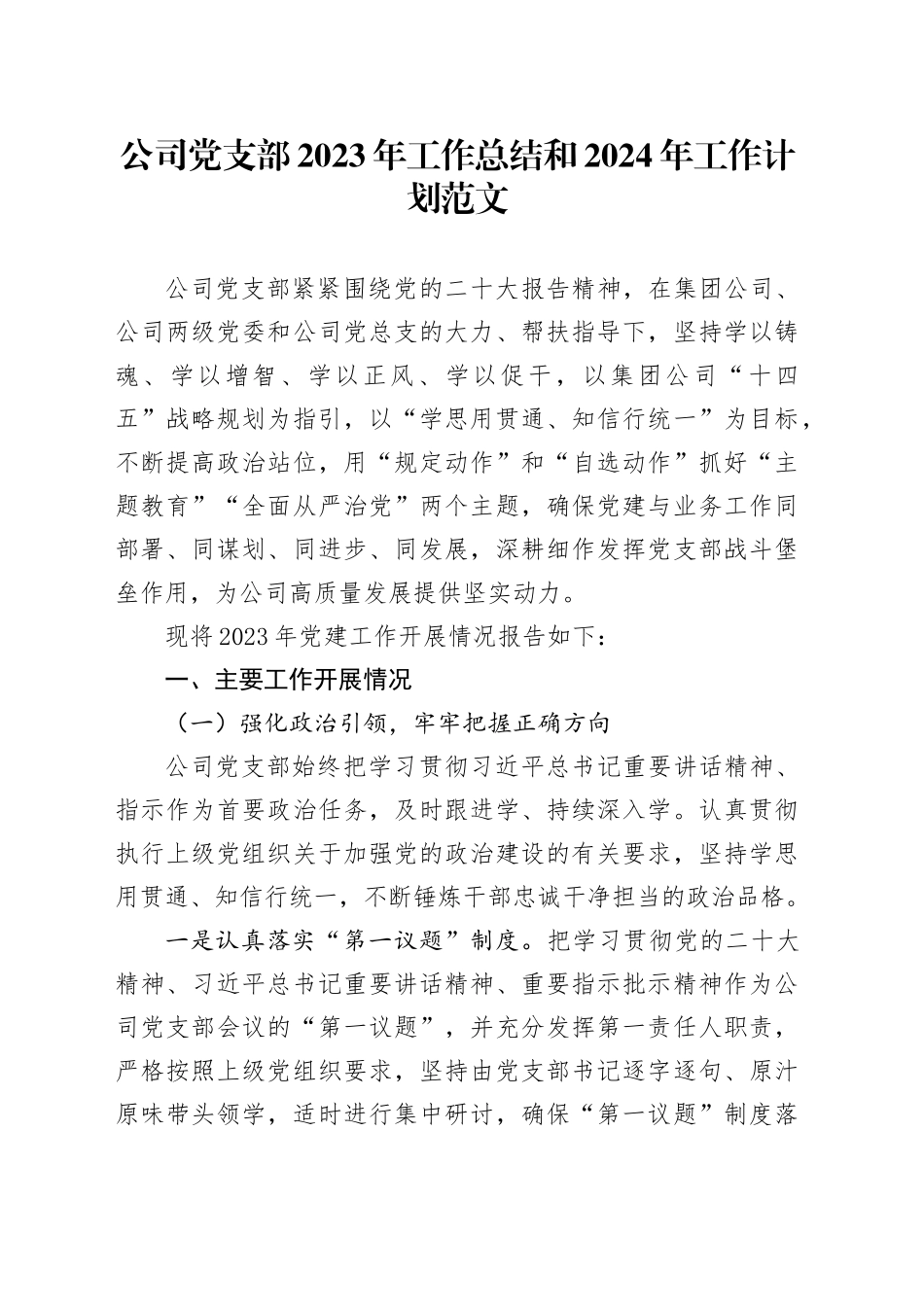 公司党支部2023年工作总结和2024年工作计划（国有企业党建汇报报告，含问题）20240115_第1页
