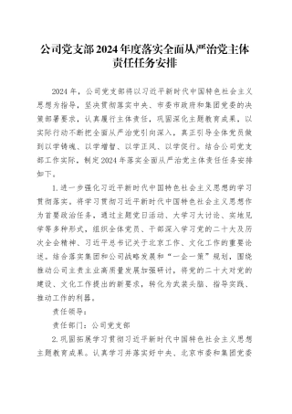 公司党支部2024年度落实全面从严治党主体责任任务安排
