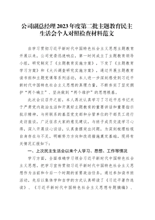 公司副总经理2023年度主题教育民主生活会个人对照检查材料（学习、素质、能力、担当、作风、廉洁，检视剖析，发言提纲，国有企业班子成员第二批次）六个方面20240108