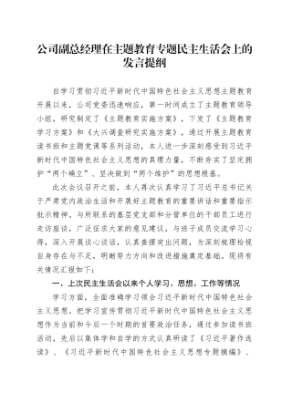 公司副总经理在主题教育专题民主生活会上的发言提纲