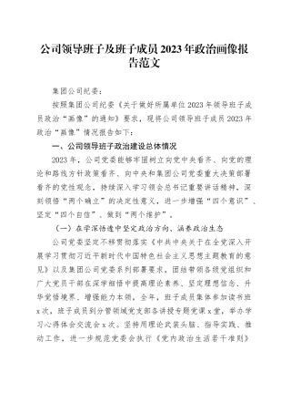 公司领导班子及班子成员2023年政治画像报告建设表现总结含问题国有企业20231213