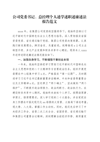 公司书记总经理个人述学述职述责述廉述法报告党委国有企业工作总结汇报231201