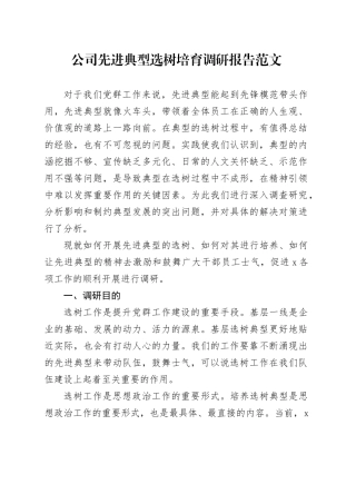公司先进典型选树培育调研报告国有企业培养