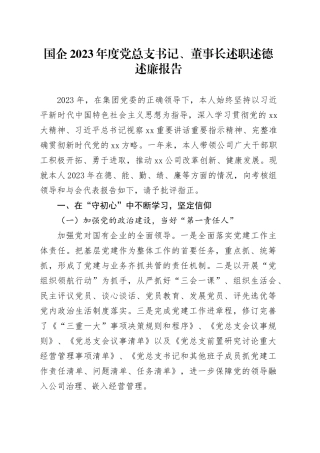 国企2023年度党总支书记、董事长述职述德述廉报告
