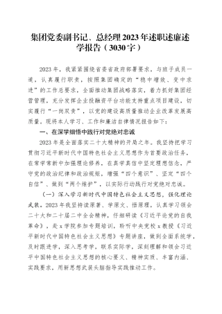 国企党委副书记、总经理2023年述职述廉述学报告