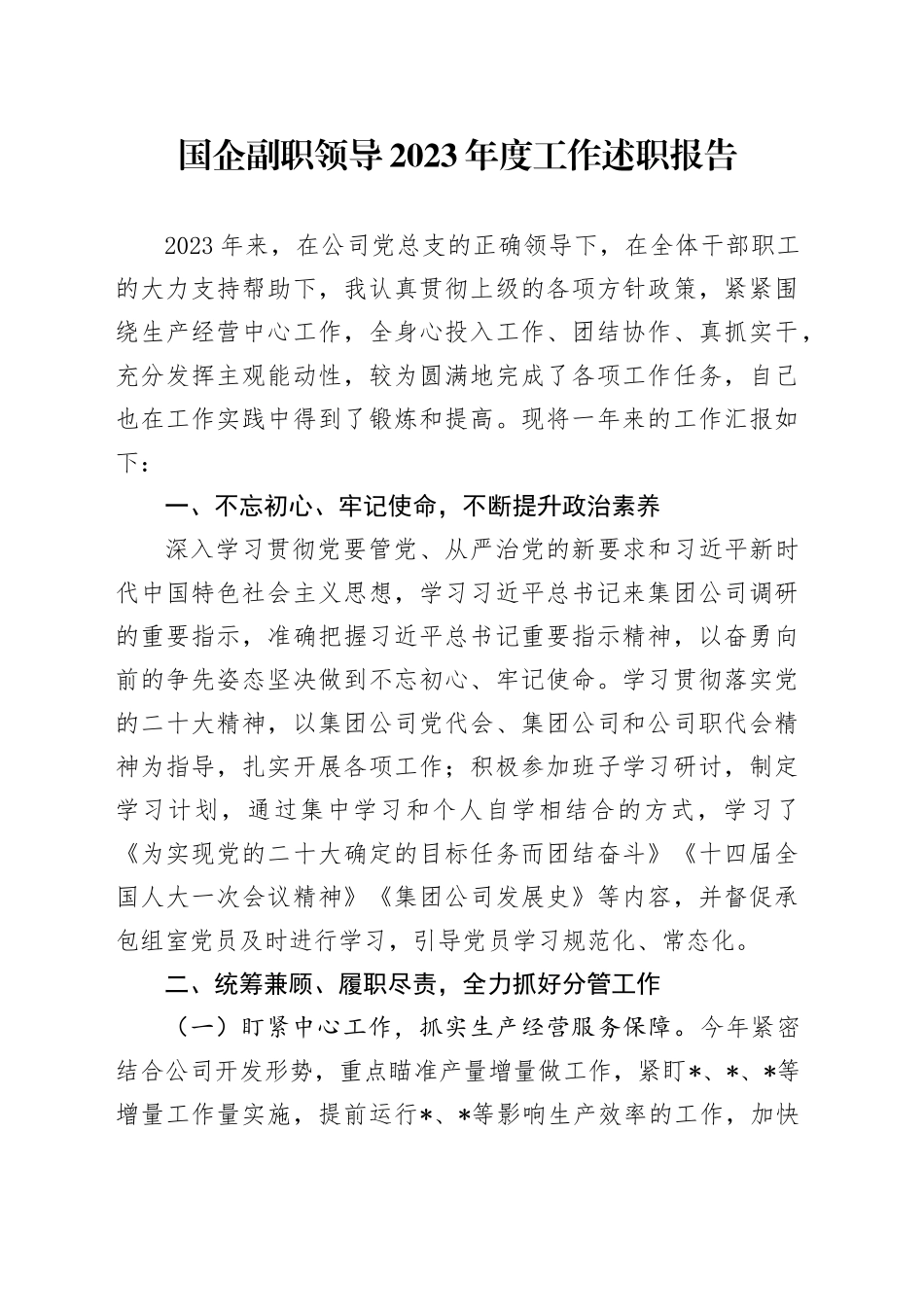 国企副职领导2023年度工作述职报告_第1页