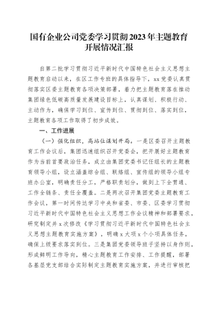 国有企业公司党委学习贯彻2023年主题教育开展情况汇报
