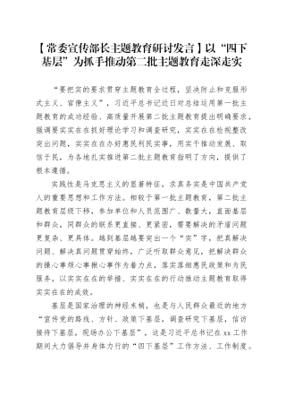 【常委宣传部长主题教育研讨发言】以“四下基层”为抓手推动第二批主题教育走深走实