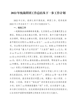20XX年统战群团工作总结及下一步工作计划