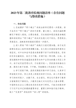 2023年第二批教育检视问题清单（存在问题与整改措施）