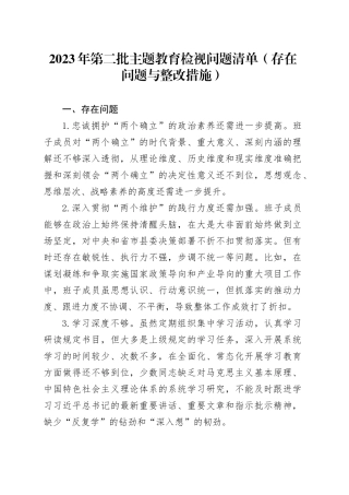 2023年第二批主题教育检视问题清单（存在问题与整改措施）