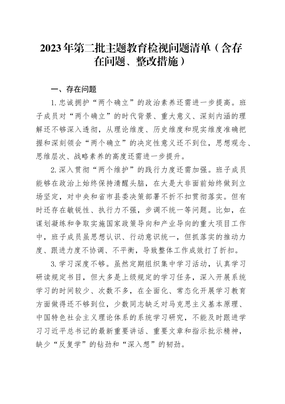2023年第二批主题教育检视问题清单（含存在问题、整改措施）_第1页