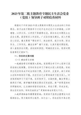 2023年第二批主题教育专题民主生活会党委（党组）领导班子对照检查材料