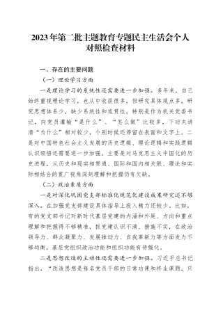 2023年第二批主题教育专题民主生活会个人对照检查材料
