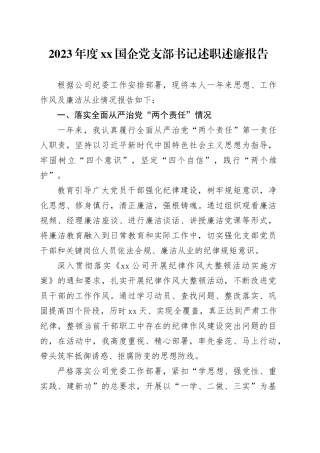 2023年度XX国企党支部书记述职述廉报告