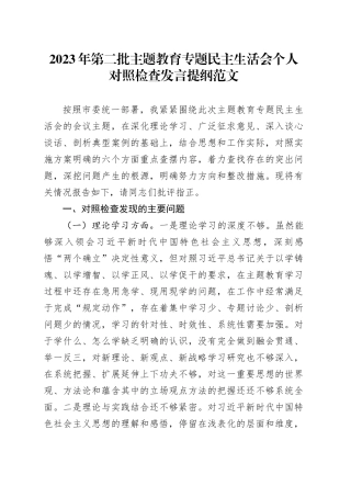 2023年度第二批主题教育民主生活会个人对照检查发言提纲学习素质能力担当作风廉洁检视剖析材料20240105六个方面