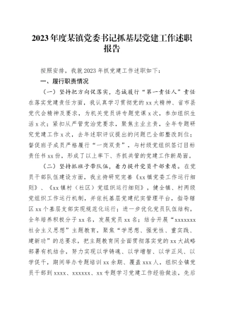 2023年度某镇党委书记抓基层党建工作述职报告
