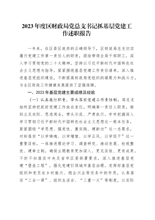 2023年度区财政局党总支书记抓基层党建工作述职报告