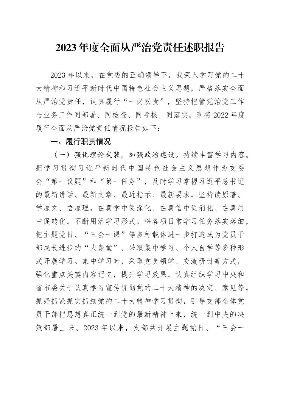 2023年度全面从严治党责任述职报告_第1页