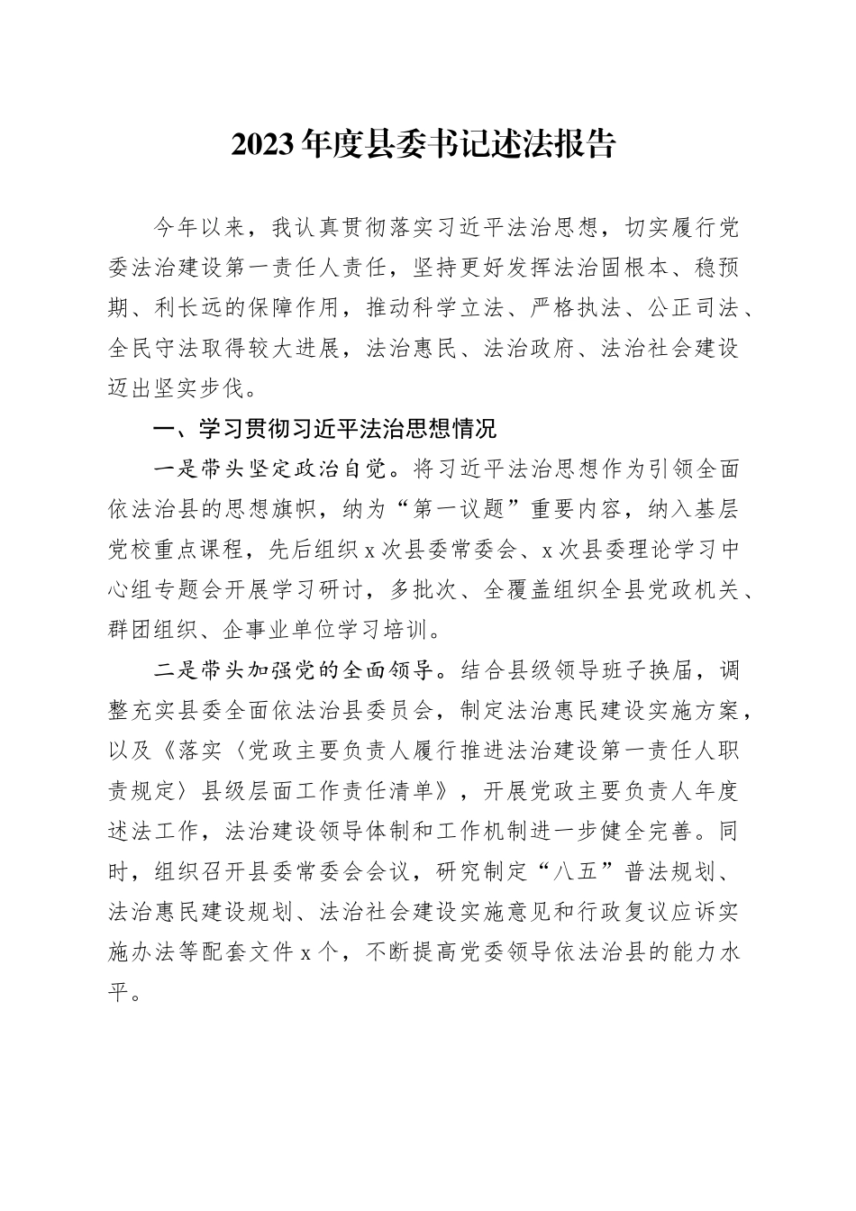 2023年度县委书记述法报告_第1页