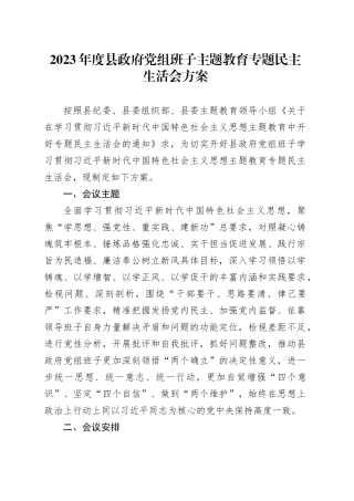 2023年度县政府党组班子主题教育专题民主生活会方案
