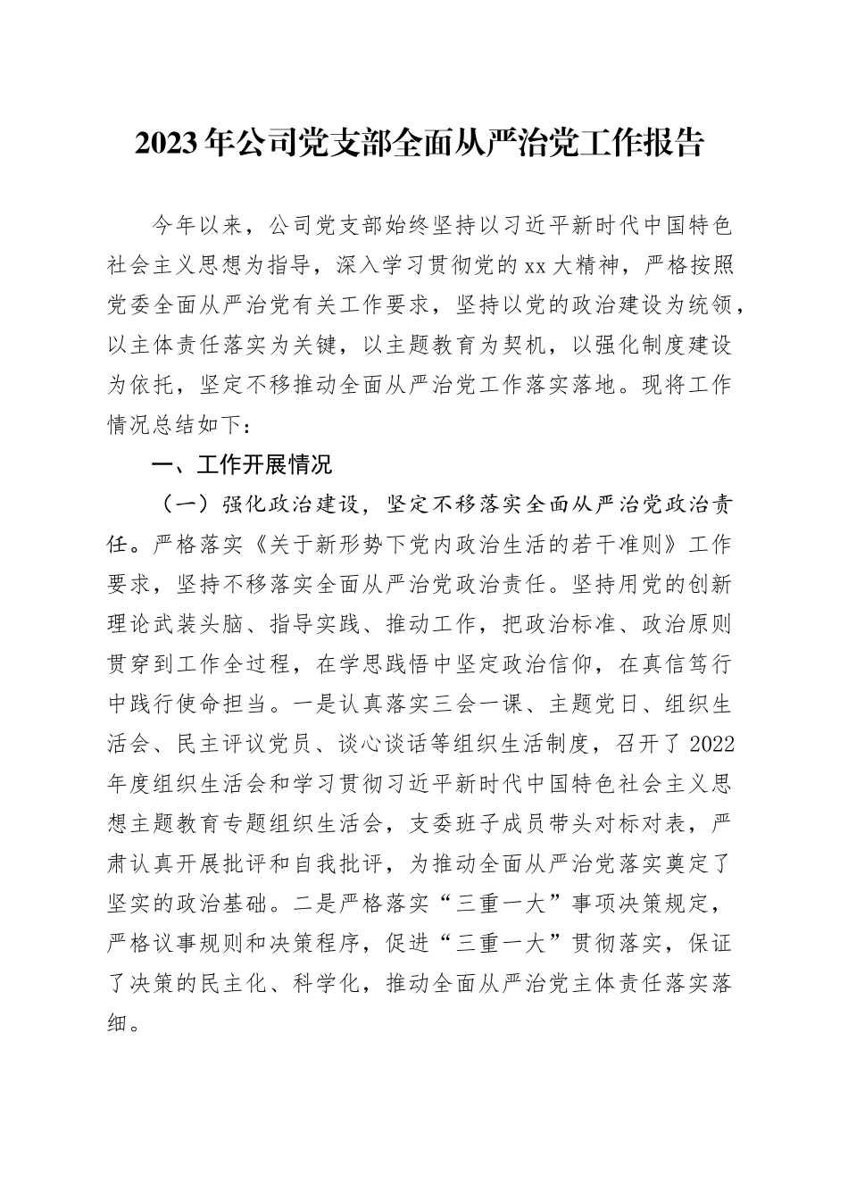 2023年公司党支部全面从严治党工作报告20231218_第1页