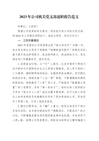 2023年公司机关党支部述职报告国有企业工作汇报总结20231213
