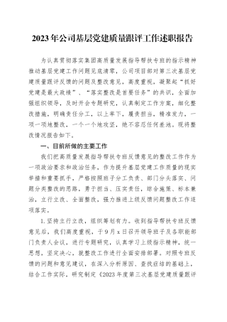 2023年公司基层党建质量跟评工作述职报告