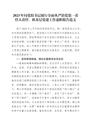 2023年局党组书记履行全面从严治党第一责任人责任党建工作述职报告汇报总结20240102