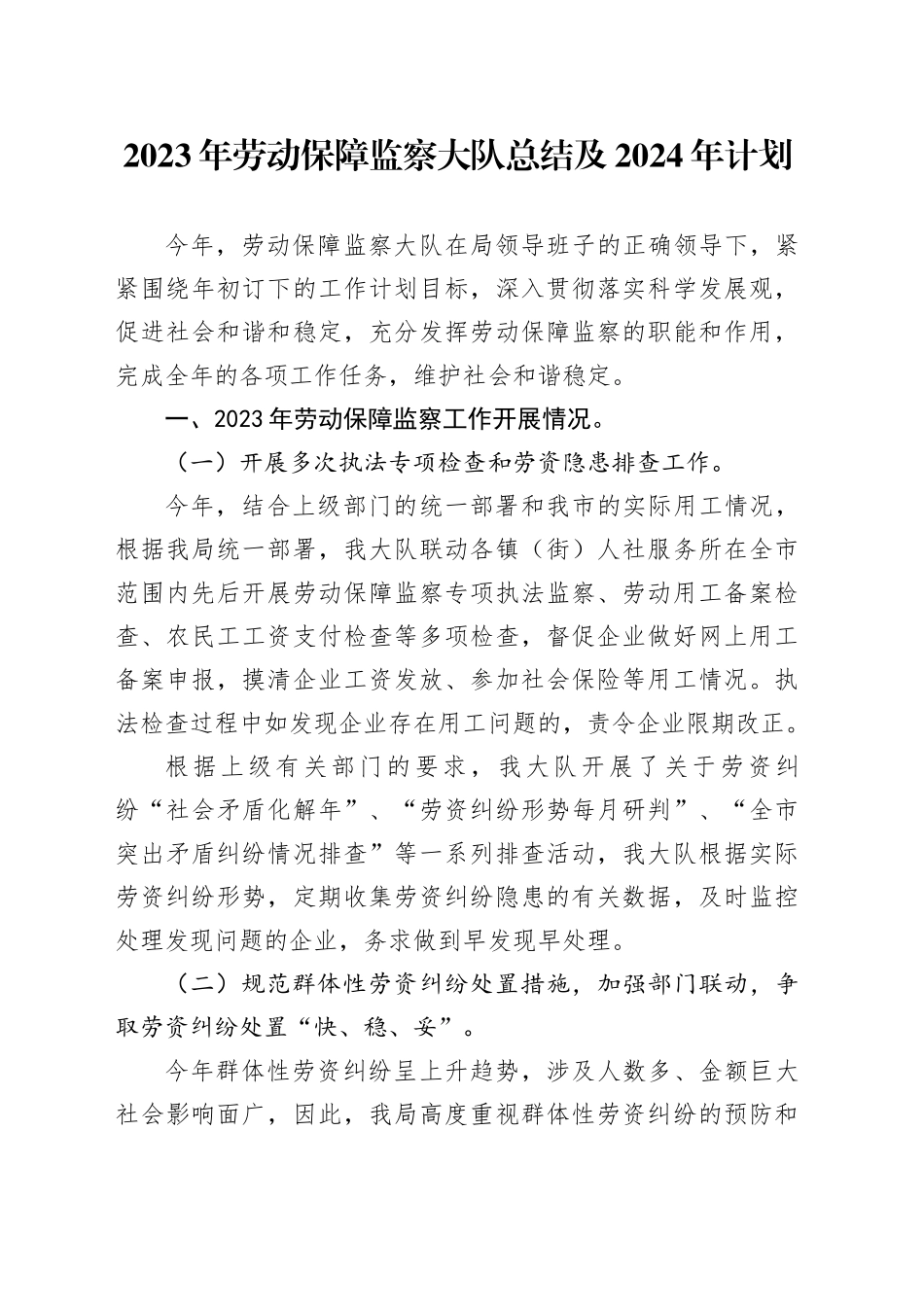 2023年劳动保障监察大队总结及2024年计划_第1页