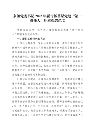 2023年履行抓基层党建第一责任人职责报告工作述职总结汇报
