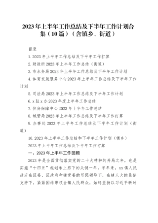 2023年上半年工作总结及下半年工作计划合集（10篇）（含镇乡、街道）