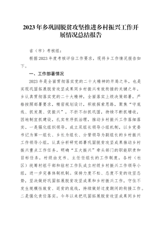 2023年乡巩固脱贫攻坚推进乡村振兴工作开展情况总结报告