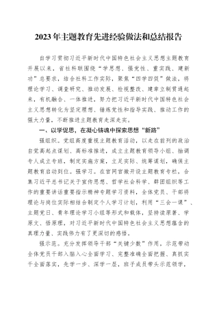 2023年主题教育先进经验做法和总结报告