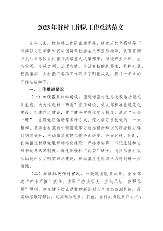 2023年驻村工作队工作总结汇报报告20231113