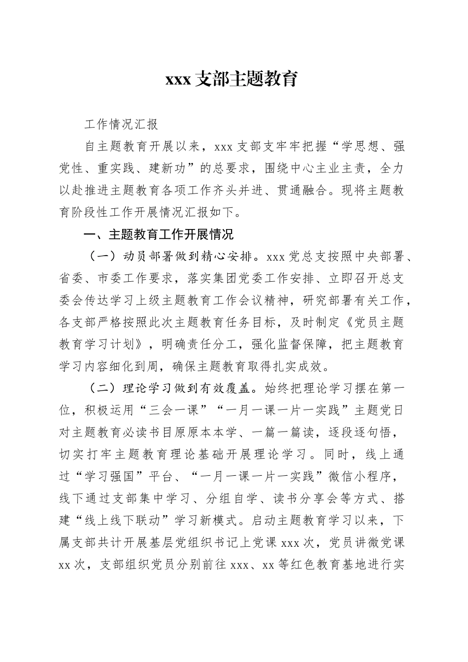 XXX支部主题教育工作情况汇报_第1页