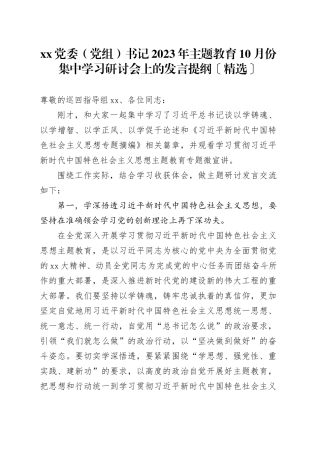 XX党委（党组）书记2023年主题教育10月份集中学习研讨会上的发言提纲〔精选〕
