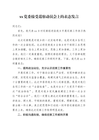 XX党委接受巡察动员会上的表态发言