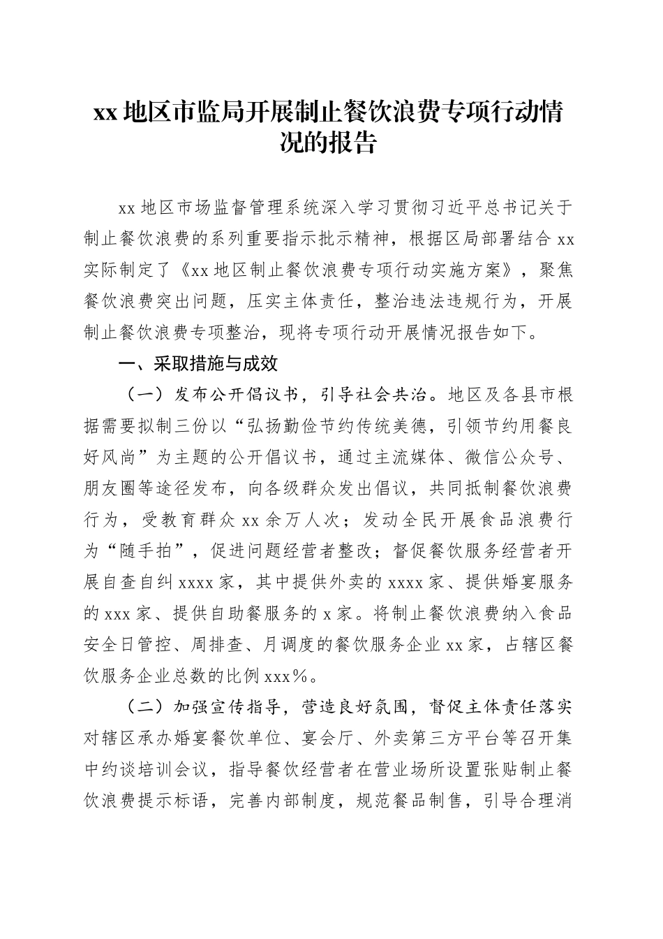 XX地区市监局开展制止餐饮浪费专项行动情况的报告_第1页