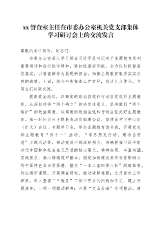XX督查室主任在市委办公室机关党支部集体学习研讨会上的交流发言