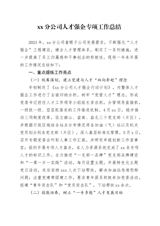 XX分公司人才强企专项工作总结
