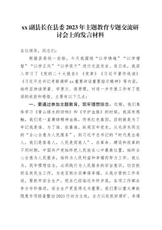 XX副县长在县委2023年主题教育专题交流研讨会上的发言材料