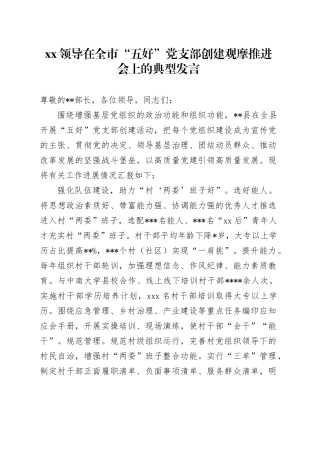 XX领导在全市“五好”党支部创建观摩推进会上的典型发言